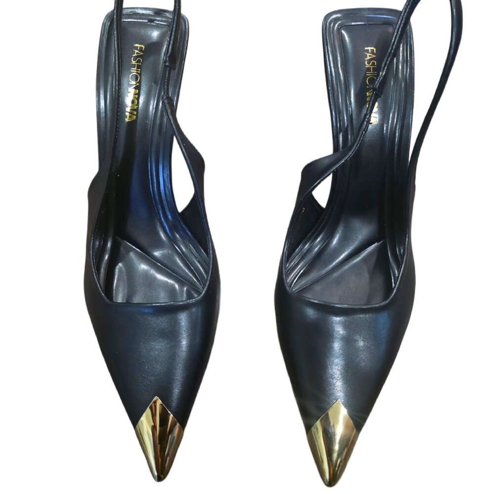 Black and gold slingback heels